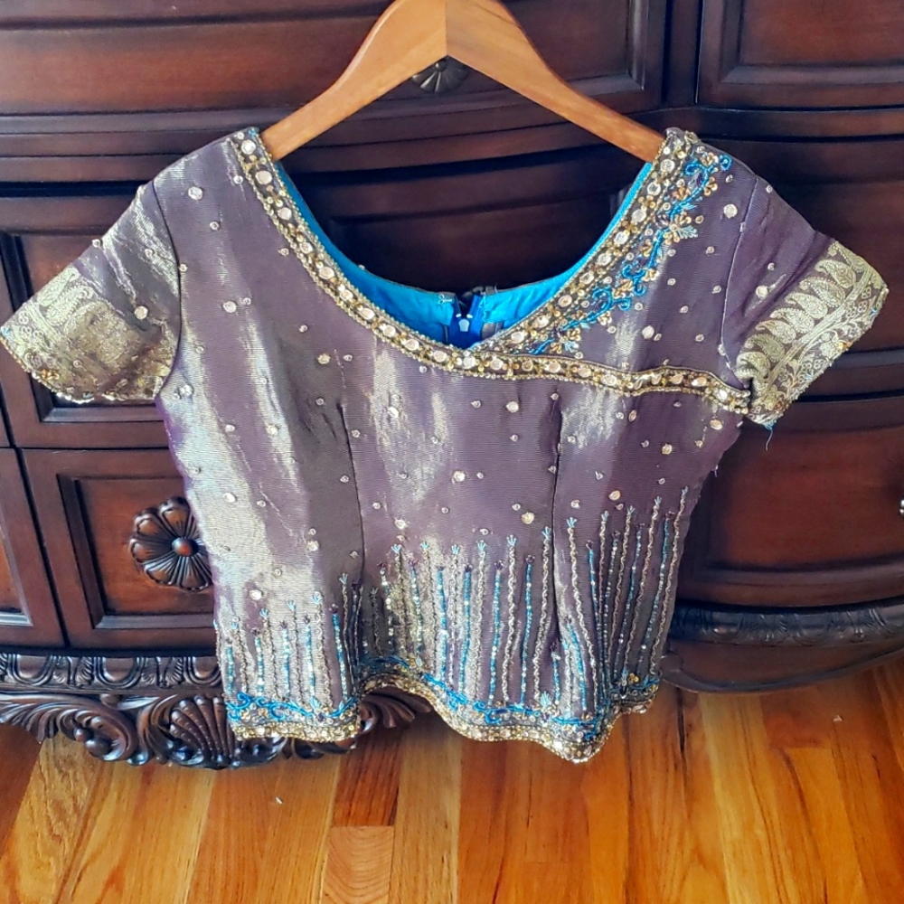 Embellished Purple and Gold Women's Top lehenga blouse(zipper broken)